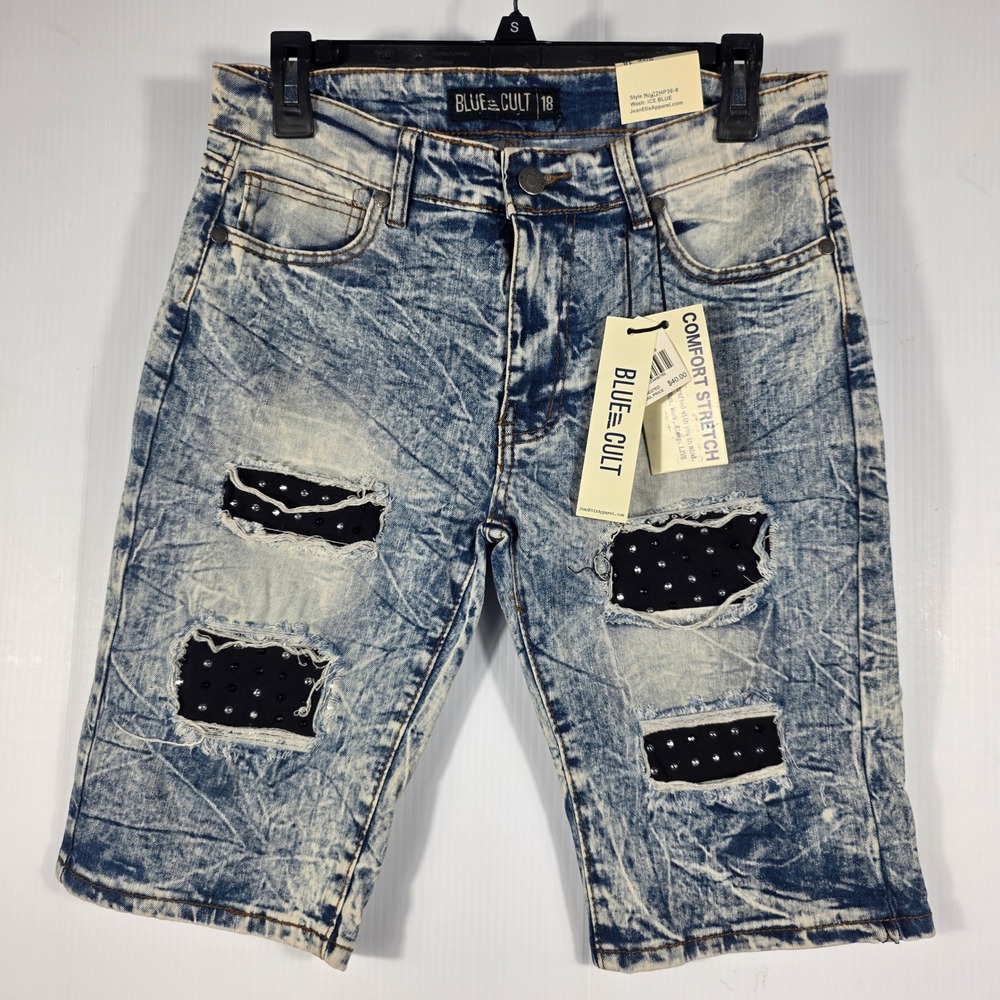 NEW Blue Cult 18 Mens Ice Blue Acid Wash Studded Distressed Denim Short Size 18